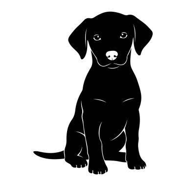 Beyaz arka planda dik duran siyah bir köpek yavrusu silueti. Köpek yavrusu kulakları açık, gözleri açık ve burnu görünür bir şekilde öne bakıyor. Ön pençeleri gövdesinin önünde ve kuyruğu...