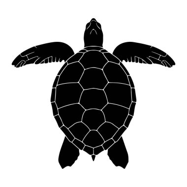 Beyaz arka planda siyah bir deniz kaplumbağası silueti tasvir edilir. Kaplumbağa yukarıdan izleniyor, başı yukarı doğru eğik ve yüzgeçleri sanki yüzüyormuş gibi dışa doğru uzanıyor. Kaplumbağanın kabuğu beyaz bir desenle detaylandırılmış.