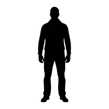 Siyah bir siluet, beyaz bir arkaplan karşısında duran bir adam. Kapüşonlu ceket ve pantolon giyiyor. Silüet simsiyahtır ve belirgin bir özelliği yoktur. Bu da insan figürünün temiz bir dış hatlarını gösterir..