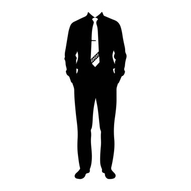 Resmi takım elbiseli, beyaz yakalı gömlekli ve kravat iğneli siyah bir siluet. Şeklin elleri ceplerinde ve ayakları birarada duruyor. Siluet düz beyaz bir arkaplanda..