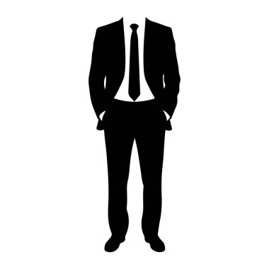 Takım elbise ve kravat takan bir adamın siyah silüeti. Ceketin yakaları var ve pantolonu düz bacaklı. Kravat düğümlendi ve gömleğin ön tarafına asıldı. Figürün elleri ceketin cebinde. Arkaplan beyaz.