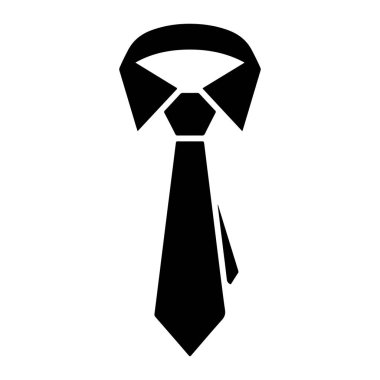 Kravat ve yaka siyah bir siluet beyaz arka planda sergilenir. Kravatın üst kısmı düğümlenmiş ve sivri bir şekilde asılmış. Yaka açık, kravatın düğümünü gösteriyor. Genel görüntü basit, grafik bir gösterim.