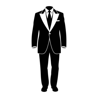 Siyah bir smokin beyaz arka plana karşı siluette tasvir edilir. Takım elbise saten yakalı bir ceket, beyaz bir gömlek ve siyah bir kravat içeriyor. Pantolonlar da siyahtır. Genel sunum temiz ve resmi..