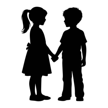 Siyah bir siluet, genç bir oğlan ve kızın yüz yüze durup el ele tutuşması. Kızın at kuyruğu var ve fiyonklu bir elbise giyiyor. Çocuk bir tişört ve pantolon giyiyor. Arkaplan düz beyaz.