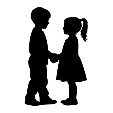 Siyah bir siluet bir oğlan ve bir kız karşı karşıya ve el ele tutuşuyorlar. Oğlan solda, kız sağda duruyor. Kızın saçları at kuyruğu şeklinde bağlanmış. İkisi de boyundan aşağısı, ayakları görünür şekilde tasvir edilmiş. Çanta.