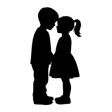 Siyah bir siluet, genç bir çocukla genç bir kızın alınları birbirine dokunurken yüz yüze durması. Oğlan kızdan daha uzundur. Kızın at kuyruklu saçı var. El ele tutuşuyorlar. Arkaplan beyaz.