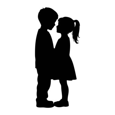 Siyah bir siluet. Birbirlerine yakın duran bir kız ve erkek. Çocuk daha uzun boylu ve kısa saçlı. Kızın at kuyruklu saçı var ve elbise giyiyor. Kafaları birbirine doğru eğik, bu da kucaklaşma veya kucaklaşma anlamına gelir.