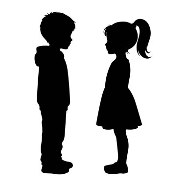 Kapüşonlu ceketli siyah bir oğlanın silueti at kuyruklu genç bir kızın siyah siluetine bakıyor. Düz beyaz bir arkaplanda birbirlerine bakıyorlar. Tarz temiz, grafik bir illüstrasyon.