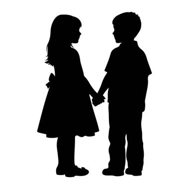 Siyah bir siluet, genç bir oğlan ve kızın yüz yüze durup el ele tutuşması. Kız arkasında fiyonk olan bir elbise giyiyor ve oğlan bir gömlek ve pantolon giyiyor. Düz beyaz bir arkaplanda tasvir ediliyorlar..