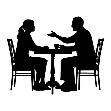Siyah bir siluet, sandalyeli yuvarlak bir masada oturan bir adam ve bir kadın. Adam bir kahve fincanı tutarken eliyle işaret ediyor. Kadın ona bakıyor, dinliyor. Sahne kapalı, muhtemelen bir kafe ya da restoran..