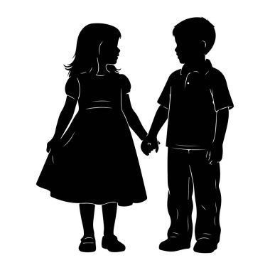 Ayakta duran ve el ele tutuşan genç bir kız ve oğlanın siyah silueti. Kız elbise giyiyor, oğlan yakalı gömlek ve pantolon giyiyor. Birbirlerine bakıyorlar. Arkaplan beyaz.