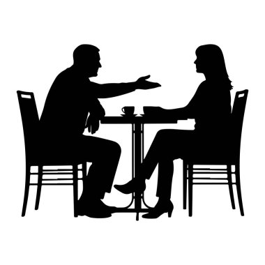 Küçük yuvarlak bir masada oturan bir adam ve bir kadının siyah silueti. Adam sol tarafta, kolunu uzatmış, sanki konuşuyor ya da işaret ediyor gibi. Kadın sağda, ona bakıyor, elinde kitap ya da kağıtlarla masanın önünde. 