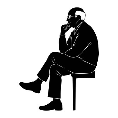 Gözlüklü ve seyrelen beyaz saçlı yaşlı bir adamın siyah silueti bir tabureye oturmuş, profilden görülüyor. Koyu renk elbiseler giyiyor ve bacakları çapraz, bir eli çenesinde dalgın dalgın duruyor. Arka plan plai.