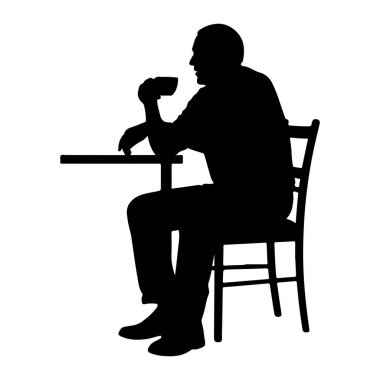 Elinde bardakla masada oturan ve içki içiyormuş gibi görünen siyah bir siluet. O bir sandalyede oturuyor ve kolu masanın üzerinde dinleniyor. Arkaplan düz beyaz.