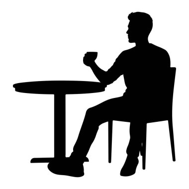 Yuvarlak bir masada oturan siyah bir siluet, dudaklarına bardak dayamış bir adam. Bacak bacak üstüne atmış bir sandalyede oturuyor. Sahne beyaz bir arkaplanda izole edilmiş..