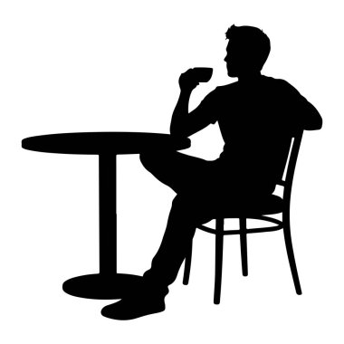 Yuvarlak bir masada oturan siyah bir siluet, dudaklarına bardak dayamış bir adam. O, bacaklarını çapraz bir sandalyeye oturmuş, yüzünü izleyiciye dönük olarak. Resim beyaz bir arkaplanda izole edilmiştir.