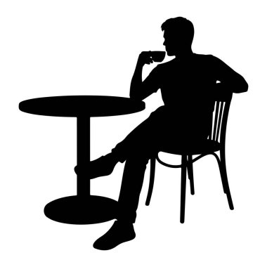 Yuvarlak bir masada oturan siyah bir siluet, dudaklarına bardak dayamış bir adam. Sırtı kamburlaşmış bir sandalyede oturuyor. Resim beyaz bir arkaplanda izole edilmiştir.