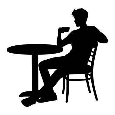 Yuvarlak bir masada oturan siyah bir siluet, dudaklarına bardak dayamış bir adam. Sırtı kamburlaşmış bir sandalyede oturuyor. Resim, beyaz arkaplana karşı basit, grafik bir gösterimidir.