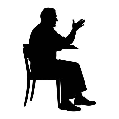 Masada oturan siyah siluet bir adam profilden sola bakıyor. Sağ kolu kalkık ve eli açık, parmakları el hareketi ya da konuşma gibi yayılmış. O, yakalı bir gömlek, pantolon ve ayakkabılar giyiyor. Masanın bir dairesi var gibi görünüyor.