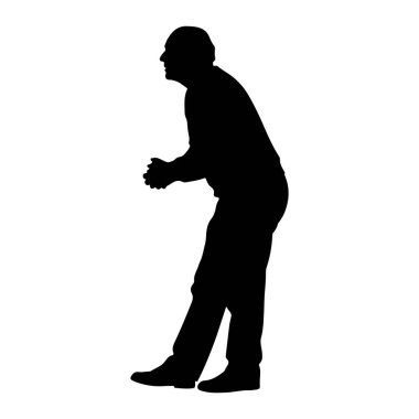 Bir adamın siyah silueti yan tarafından tasvir edilir, elleri önünde sıkıca bağlanmış şekilde öne doğru eğilir. O, pantolon ve ayakkabı da dahil olmak üzere günlük giysiler giyiyor. Arkaplan düz beyaz, figürü izole ediyor ve şeklini vurguluyor.