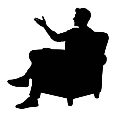 Koltukta oturan siyah bir adamın silüeti. Sağa bakıyor, sol bacağı sağ bacağının üzerinden geçiyor. Sol kolu havada ve eli açık, sanki bir şey anlatıyor ya da konuşuyor gibi. Arkaplan düz beyaz.