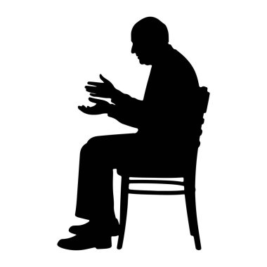 Sandalyede oturan kel bir adamın siyah silueti. Profilde sola bakıyor ve elleri havada ve avuç içleri açık bir şekilde konuşuyor ya da bir şeyler anlatıyor gibi görünüyor. Arka plan bembeyaz..