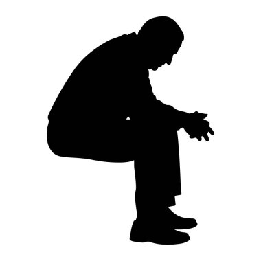 Bir adamın siyah silueti başı eğik ve elleri sımsıkı otururken resmedilir. O, pantolon ve ayakkabılar da dahil olmak üzere resmi gibi görünen bir kıyafet giyiyor. Şekil, düz beyaz bir arkaplan üzerinde izole edilmiş, katıksız bir grafik tekrarları oluşturur