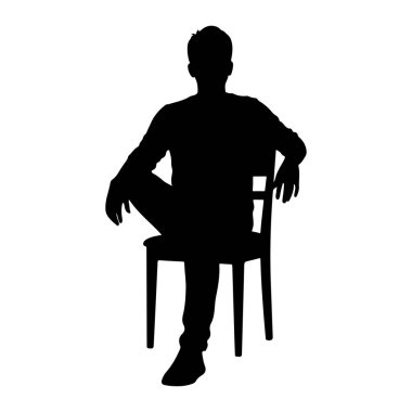 Siyah bir adam silueti bir sandalyede oturuyor. Bacak bacak üstüne atmış ve kolları sandalyede dinleniyor. Arkaplan düz beyaz.
