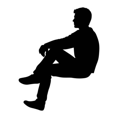 Beyaz bir arka planda profilde oturan siyah bir siluet. O, bacakları çapraz ve kolları kucağında dinlenen yakalı bir gömlek ve pantolon giyiyor. Silüet temiz ve keskin. Oturan figürün şeklini vurguluyor..
