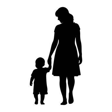Küçük bir çocuğun elini tutan siyah bir anne silueti. Anne daha uzundur ve çocuk onun yanında yürürken öne doğru yürüyormuş gibi görünür. Arkaplan düz beyaz.