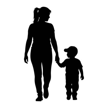 Siyah bir siluet, at kuyruklu bir kadının küçük bir çocuğun şapkasını tutarken yürümesini tasvir ediyor. Her iki figür de sağa bakıyor, bu da birlikte hareket ettiklerini gösteriyor. Arkaplan düz beyaz.