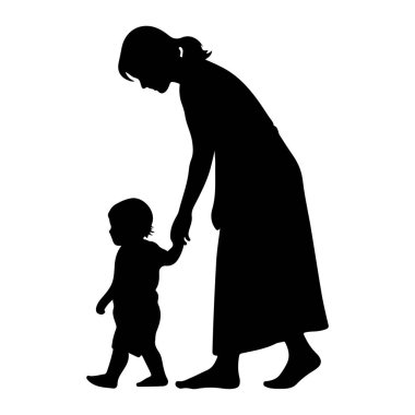 Bir annenin siyah silueti, yürürken küçük bir çocuğun elini tutuyor. Anne çocuğa doğru hafifçe eğiliyor ve her iki figür de yalınayak. Arkaplan düz beyaz.