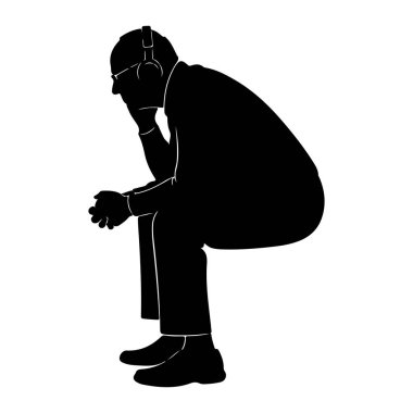 Kulaklık ve gözlük takan bir kişinin siyah silueti, kafası elinde dinlenirken düşüncelere dalmış şekilde oturur. Bacak bacak üstüne atmışlar ve elleri kucağına yapışmış. Bu figür beyaz bir Ba 'ya karşı profil olarak resmedilmiş