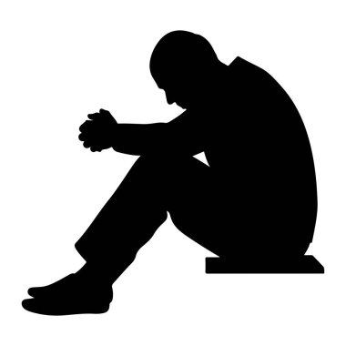 Bir adamın siyah silueti başı eğik ve elleri kucağında otururken resmedilir. Pantolon ve gömlek giydiğini gösteren giysiler giyiyor. Şekil, sade beyaz bir arkaplan üzerinde izole edilmiş ve yalın ve minimalist bir repr oluşturmaktadır.