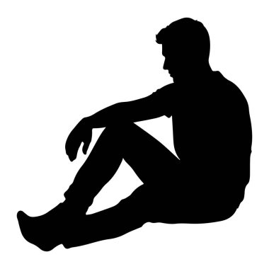 Yerde bacakları bükük ve çapraz oturan siyah siluet bir adam tasvir edilir. Aşağı ve yana bakıyor, sol kolu bükülmüş dizinde dinleniyor. Siluet, düz beyaz bir arkaplanda izole edilmiş..