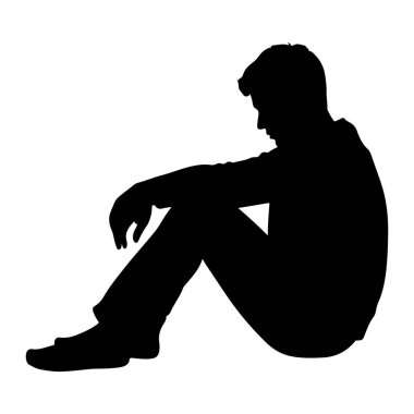 Bacakları bükük ve başı eğilmiş bir şekilde yerde oturan bir adamın siyah silueti tasvir edilir. Kolları bacaklarında dinleniyor ve bakışları aşağıya bakıyor. Şekil, düz beyaz bir arkaplan üzerinde izole edilmiş ve solita 'sını vurguluyor.