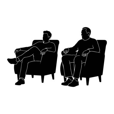 Siyah ve beyaz bir resimde iki adam koltuklarda oturuyor. Soldaki adam daha genç, bacakları çapraz ve kolları sandalyede dinleniyor. Sağdaki adam daha yaşlı, kolları sandalyeye bağlı ve bacakları bir arada. İkisi de incir