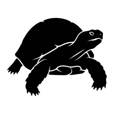 Beyaz arka planda siyah bir kaplumbağa silueti tasvir edilir. Kaplumbağa profilden gösteriliyor, kafası uzanıyor ve sağa bakıyor. Kabuğu yuvarlaktır ve dört bacağı pençeli ayaklarıyla görülebilir. Kabuğun dış çizgisi