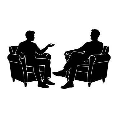 Pofuduk koltuklarda birbirine bakan iki adamın siyah silueti. Bir adam sanki konuşuyormuş gibi el kol hareketi yapıyor, diğer adam ise bacak bacak bacak üstüne atarak dinliyor. Sahne minimalist bir şekilde tasvir edilmiş.