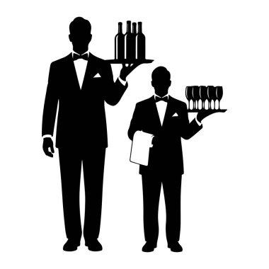 Resmi giyinmiş iki siluetli figür, muhtemelen garsonlar, beyaz arka planda duruyorlar. Soldaki uzun figür içinde birkaç şişe olan bir tepsi tutuyor. Sağdaki kısa figür, bir tepsi dolusu şarap bardağı ve katlanmış bir bez taşıyor. B