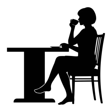 Masada oturan ve bardaktan su içen siyah bir kadın silueti. O, önünde bir tabak ile bir sandalyede oturmaktadır. Görüntü basit bir grafik çizimi.