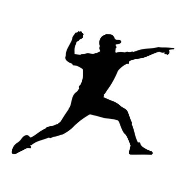 Beyazların arka planında bir beyzbol atıcısının siyah silüeti. Atıcı bir başlık takıyor ve bir kolu öne doğru, diğeriyse arkaya doğru eğilmiş bir topu fırlatma sürecinde gibi görünüyor. Poz dinamik bir hareketi yakalıyor.