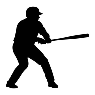 Beyzbol oyuncusunun silueti, sopa tutan ve kask takan duruşu. Oyuncu, dizleri bükülmüş ve topa vurmaya hazır, odaklanmış bir duruşu olan salıncağın ortasında tasvir edilir. Görüntü, beyaz arka plana karşı temiz ve izole bir grafiktir.