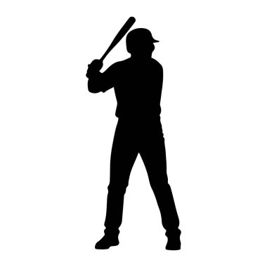 Beyzbol oyuncusunun siyah bir silueti beyaz arka planda vuruşla tasvir edilir. Oyuncu bir şapka takıyor ve beyzbol sopasını sallanmaya hazır bir pozisyonda tutuyor. Şekil temiz, grafik biçiminde, vurgulanıyor.