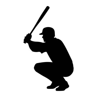 Vuruş pozisyonunda bir beyzbol oyuncusunun siyah silueti. Oyuncu bir şapka takıyor ve vurmaya hazır bir beyzbol sopası tutuyor. Beyaz arka planda çömelmiş bir figür.