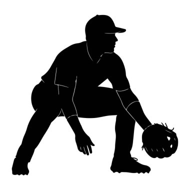 Beyzbol oyuncusunun siyah silueti çömelmiş, topa vurmaya hazır. Oyuncu sol elinde beyzbol eldiveni olan bir şapka ve üniforma giyiyor. Görüntü, beyaz bir arkaplan karşısında basit ve temiz bir resimdir..