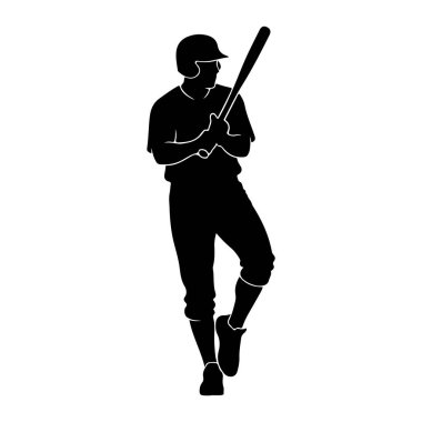 Siyah bir beyzbol oyuncusunun silueti göğsünde bir sopayla duruyor. Oyuncu kask takıyor ve çorapları yukarı çekilmiş bir üniforma giyiyor. Şekil bir bacağı bükülmüş ve diğeriyse uzatılmış. Bu da hazır olduğunu veya duraksadığını gösteriyor.