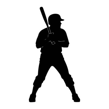 Beyzbol oyuncusunun siyah bir silueti beyaz arka planda vuruşla tasvir edilir. Oyuncu şapkalı bir üniforma giyiyor ve iki eliyle bir beyzbol sopası tutuyor. Şekil sağa bakıyor, bacakları açık bir şekilde.
