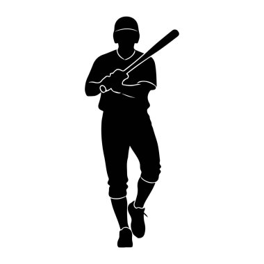Siyah bir beyzbol oyuncusunun silueti göğsünde beyzbol sopasıyla öne doğru bakıyor. Oyuncu bir başlık, bir tişört, pantolon ve ayakkabı giyiyor, hepsi beyaz arka plana karşı koyu siyah şekiller olarak tasvir ediliyor. Unif 'in ana hatları
