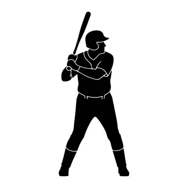Üniformalı bir beyzbol oyuncusunun silueti, kask takıyor ve sopayı hazır vaziyette tutuyor. Oyuncu bacakları açık bir şekilde öne bakıyor ve sopa sallanmaya hazır bir şekilde omuzlarının üzerinde duruyor. İllüstrasyon beyaz arka planda..